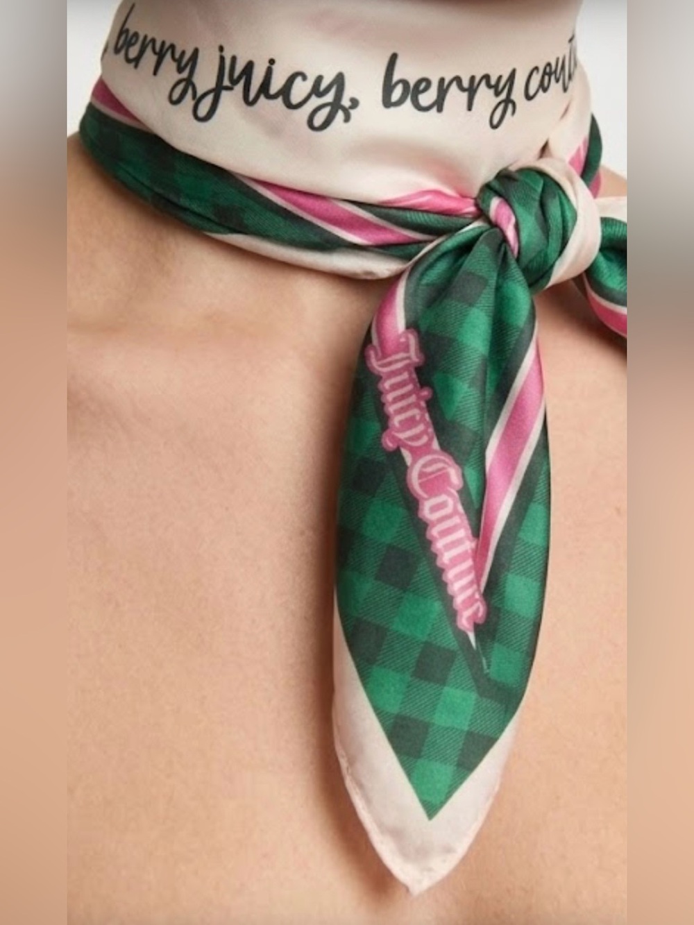 NWT Juicy Couture Green Pink, Green and Cream Logo Neck Scarf